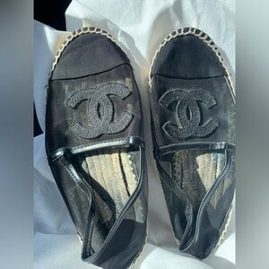 CHANEL
Black Mesh & Sparkle Logo Espadrilles 38